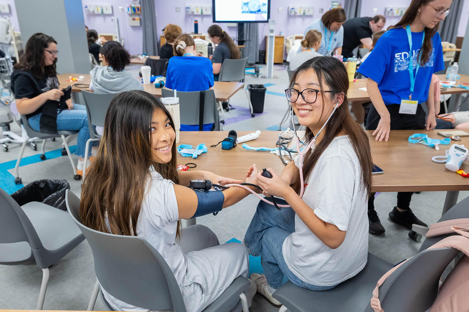 Campers engage in hands-on learning during the Nursing EDUcamp at Bob Jones University in Greenville, S.C., Monday, June 30, 2025. Designed for students in grades 10–12, the camp introduces participants to the art and science of nursing through classroom instruction, personal testimonies from practicing nurses, and opportunities to explore how faith and healthcare intersect. (photo by Derek Eckenroth)