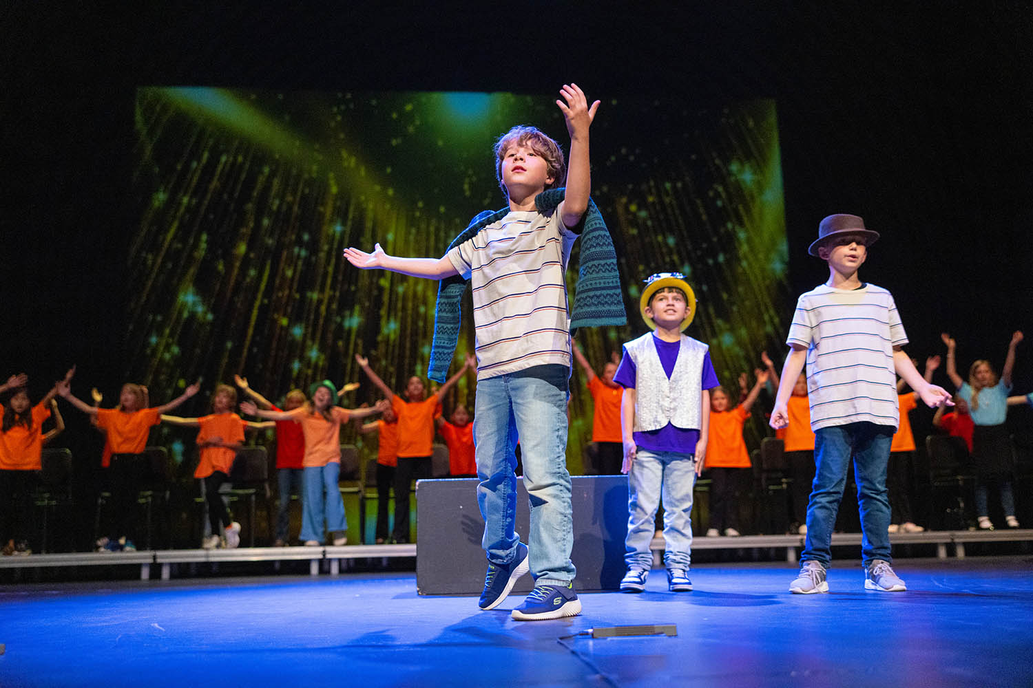 Campers perform on stage during the final showcase of the Musical Theatre Jr. session at EDUcamp Jr., held at Bob Jones University, June 13, 2025. (Photo by Derek Eckenroth)